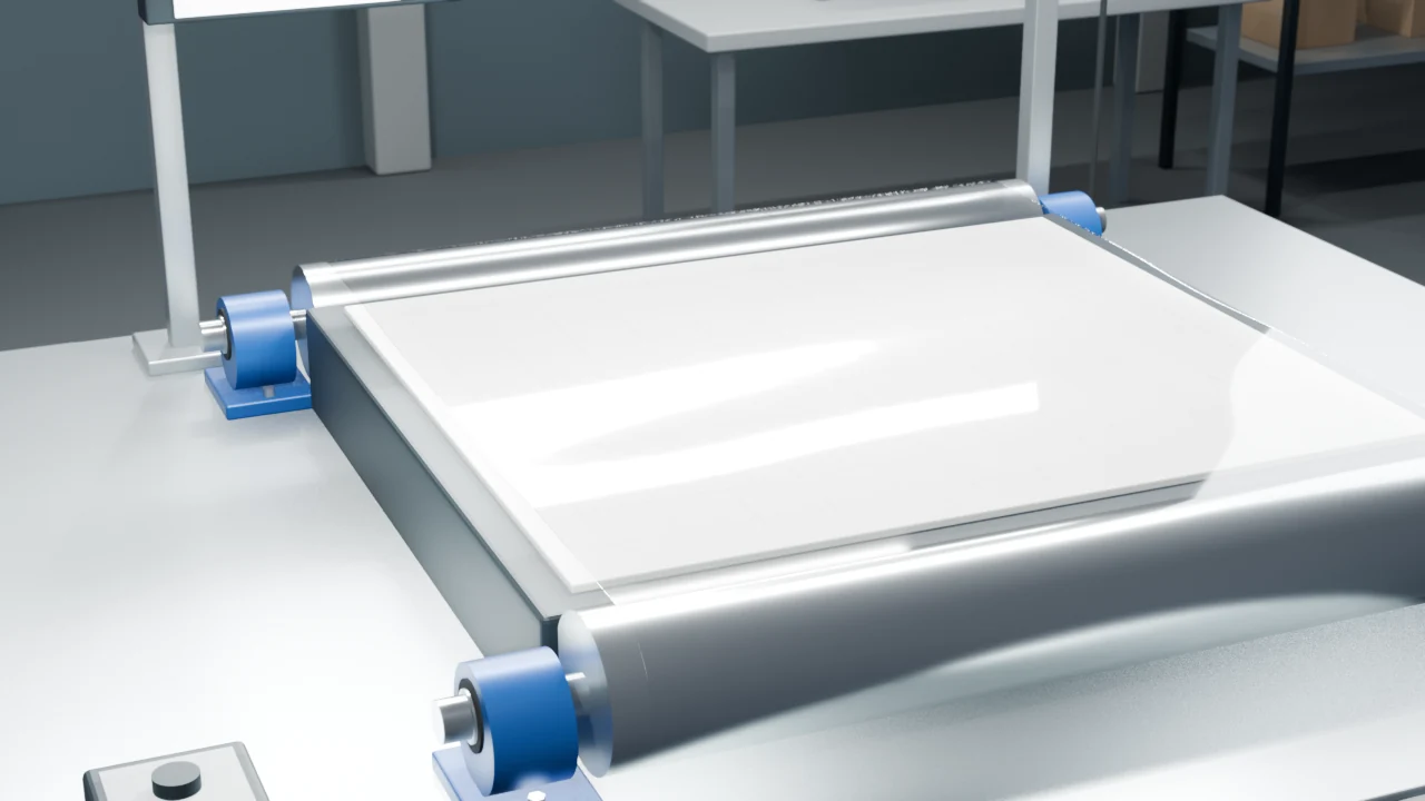 Detalhe em 3D do filme transparente sobre uma mesa de inspeção iluminada