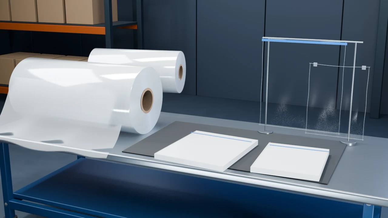 Bancada em 3D com bobinas, filme e embalagens transparentes de PP